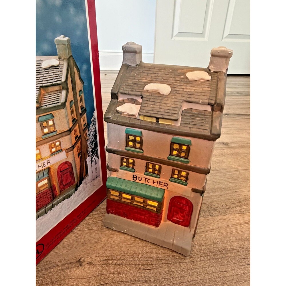 Holiday Magic Christmas Village Lighted Butcher Shop Tested Works 1990s Vintage